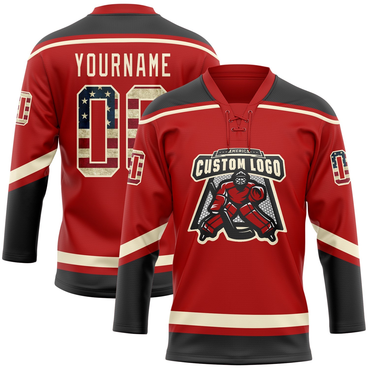 Custom Red Vintage USA Flag Black-Cream Hockey Lace Neck Jersey - Sky-Custom