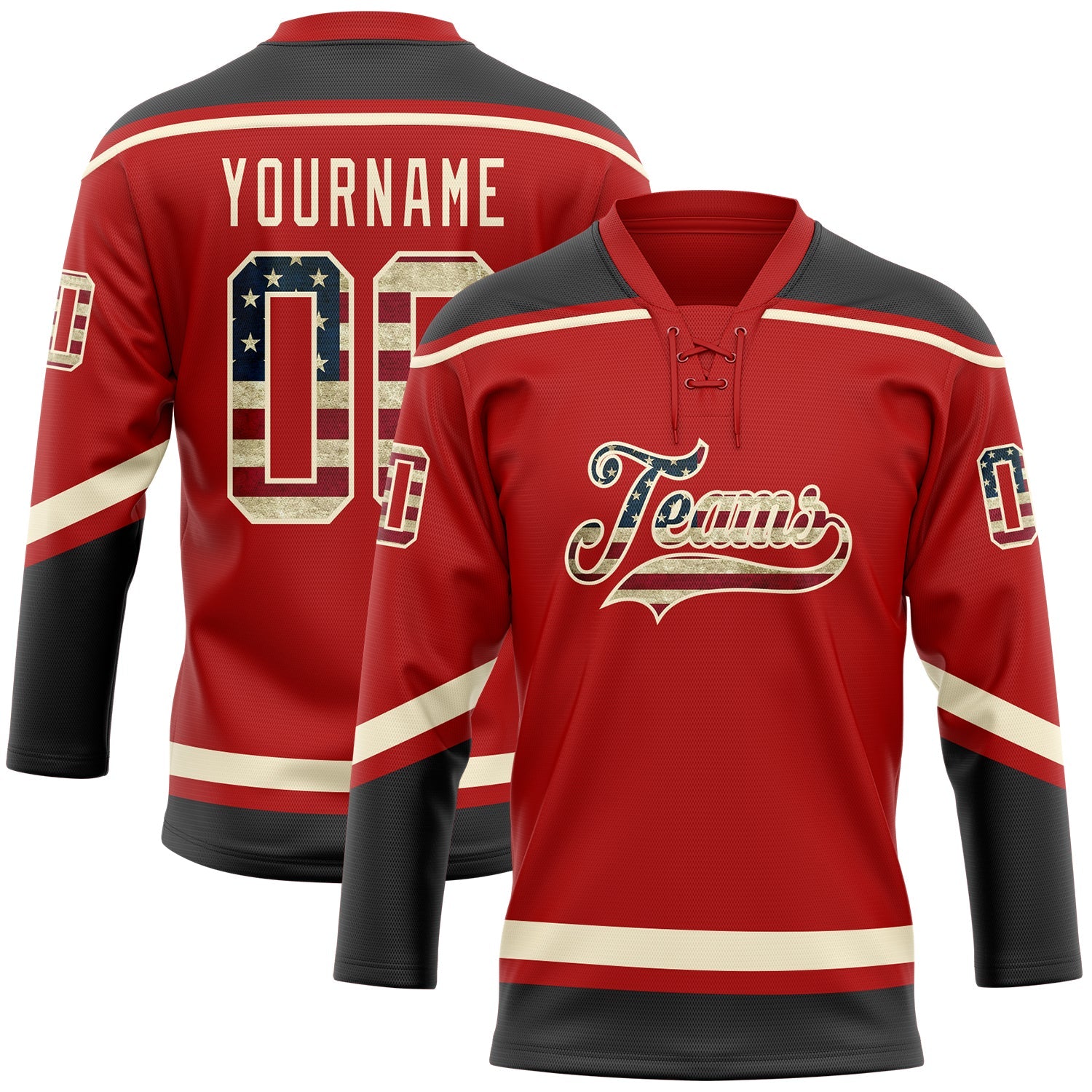 Custom Red Vintage USA Flag Black-Cream Hockey Lace Neck Jersey - Sky-Custom
