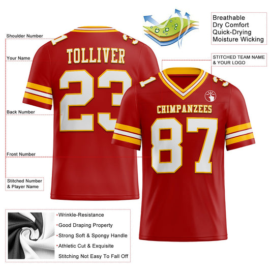 Custom Red White-Gold Mesh Authentic Football Jersey - Sky-Custom