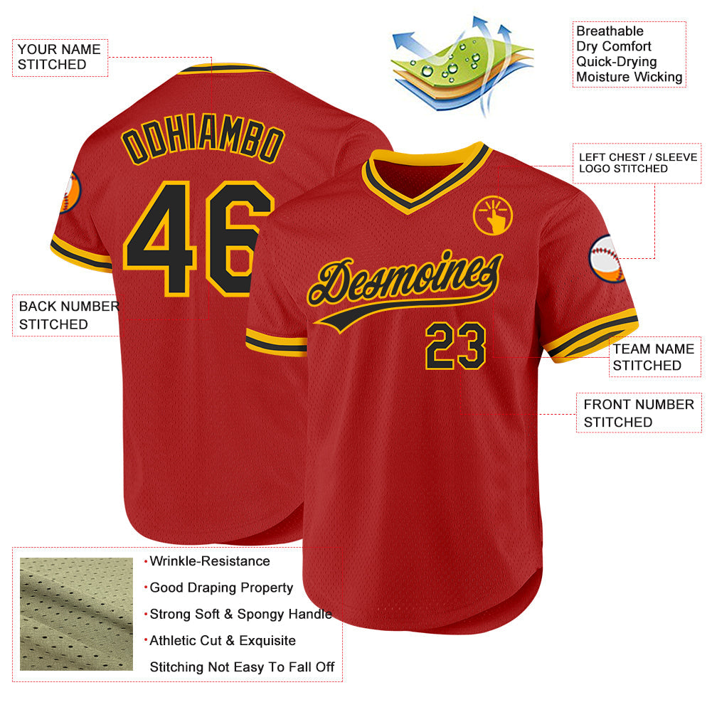 Custom Red Black-Gold Authentic Throwback Baseball Jersey - Sky-Custom