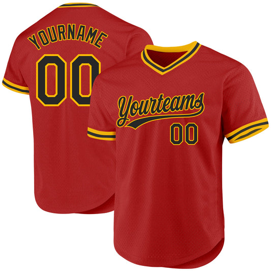 Custom Red Black-Gold Authentic Throwback Baseball Jersey - Sky-Custom