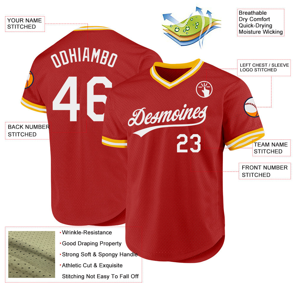 Custom Red White-Gold Authentic Throwback Baseball Jersey - Sky-Custom