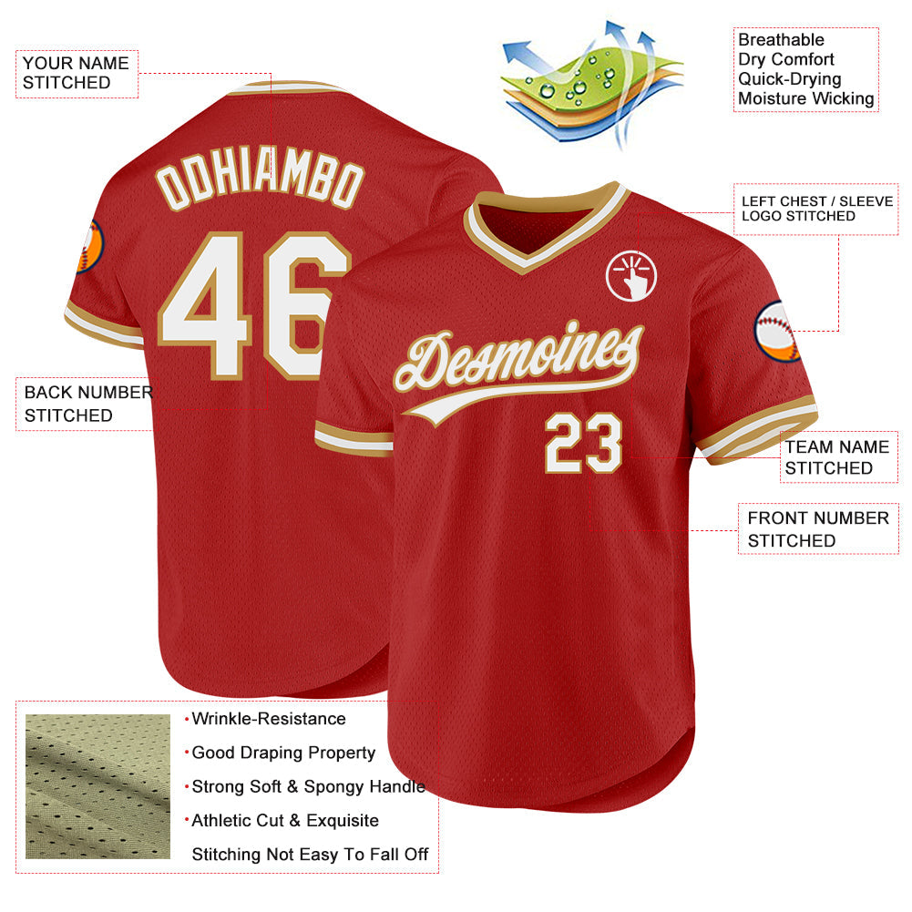 Custom Red White-Old Gold Authentic Throwback Baseball Jersey - Sky-Custom