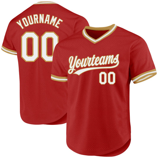Custom Red White-Old Gold Authentic Throwback Baseball Jersey - Sky-Custom