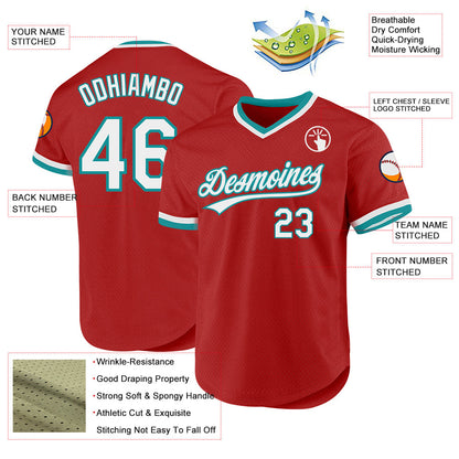 Custom Red White-Teal Authentic Throwback Baseball Jersey - Sky-Custom