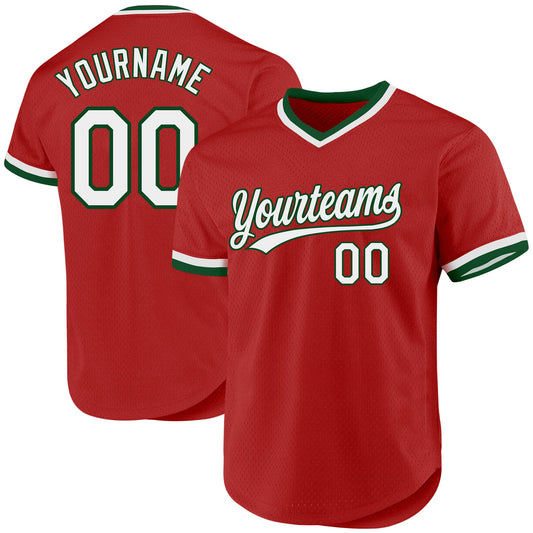 Custom Red White-Green Authentic Throwback Baseball Jersey - Sky-Custom