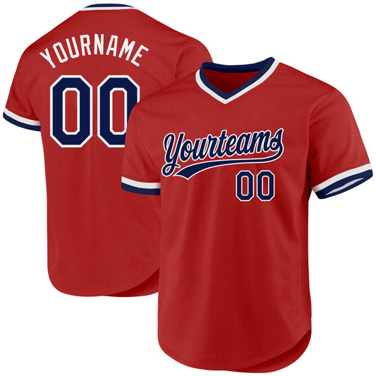 Custom Red Navy-White Authentic Throwback Baseball Jersey - Sky-Custom