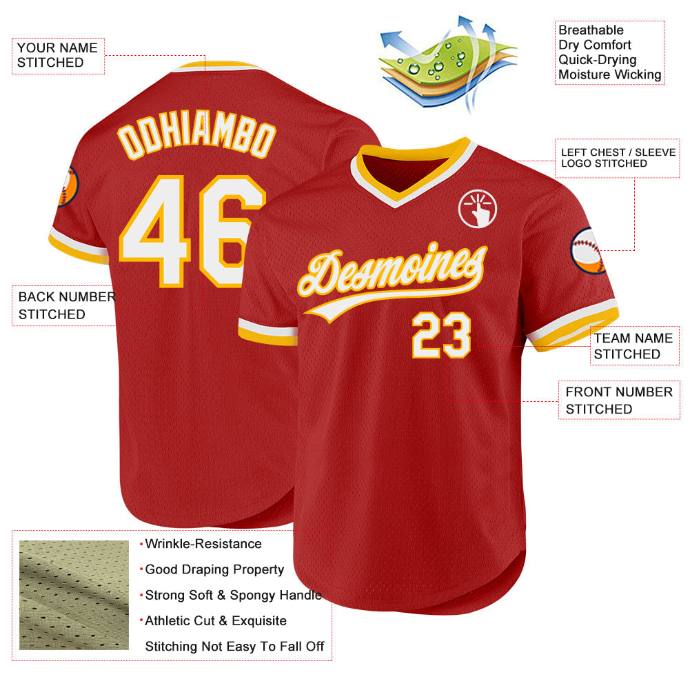 Custom Red White-Gold Authentic Throwback Baseball Jersey - Sky-Custom