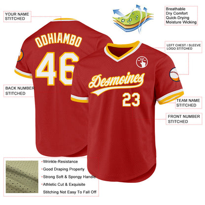 Custom Red White-Gold Authentic Throwback Baseball Jersey - Sky-Custom