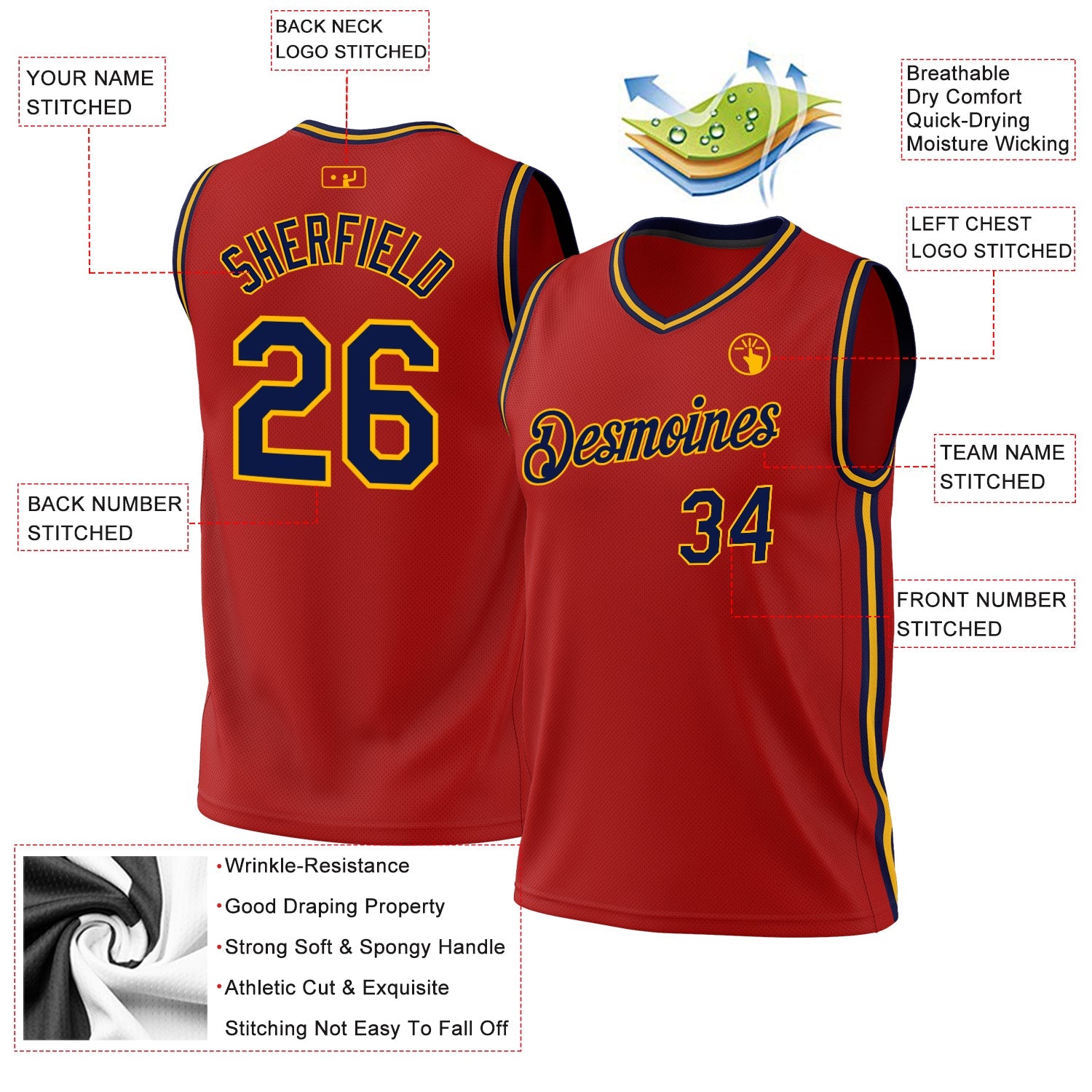 Custom Red Navy-Gold Authentic Throwback Basketball Jersey - Sky-Custom