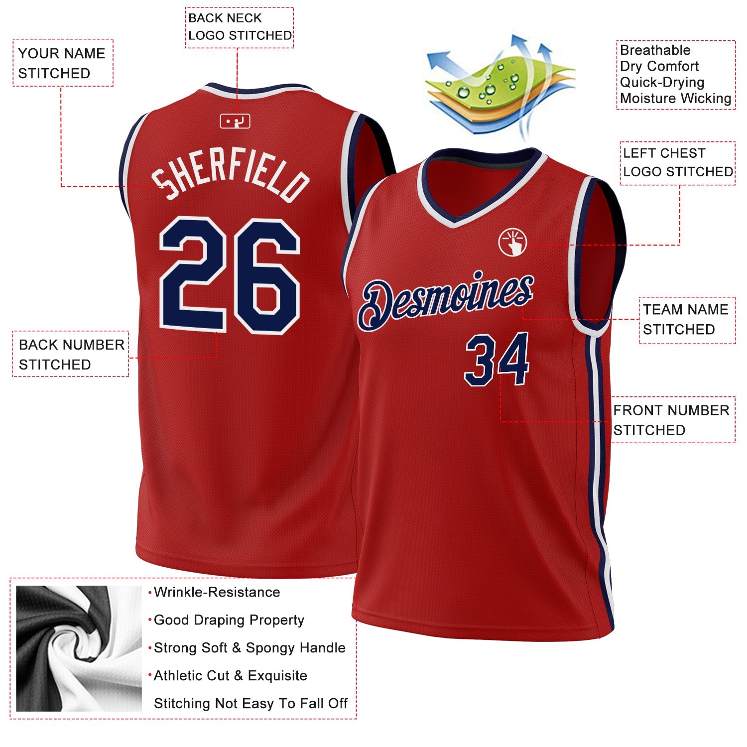 Custom Red Navy-White Authentic Throwback Basketball Jersey - Sky-Custom