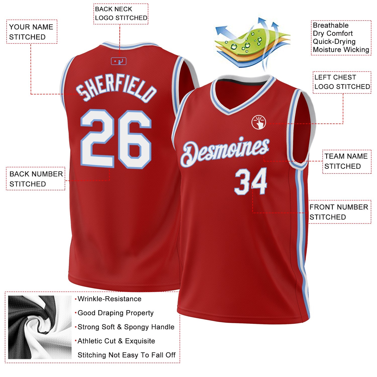 Custom Red White-Light Blue Authentic Throwback Basketball Jersey - Sky-Custom