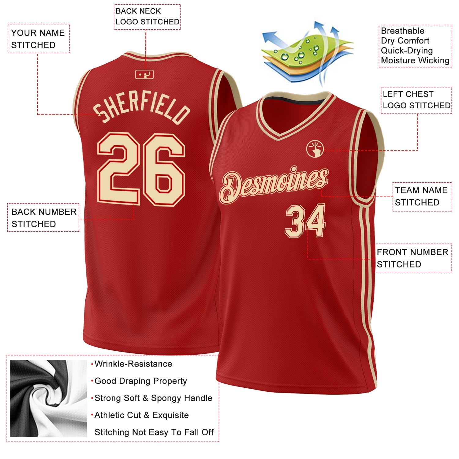 Custom Red Cream Authentic Throwback Basketball Jersey - Sky-Custom