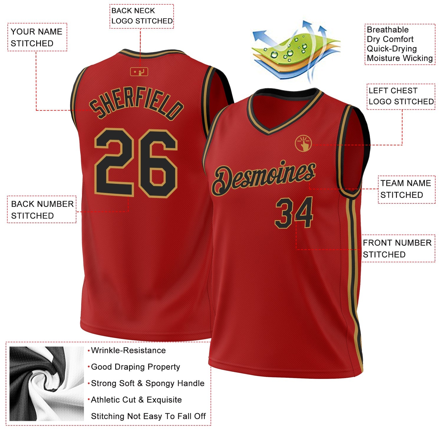 Custom Red Black-Old Gold Authentic Throwback Basketball Jersey - Sky-Custom