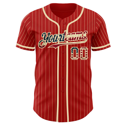 Custom Red Cream Pinstripe Vintage USA Flag Authentic Baseball Jersey - Sky-Custom