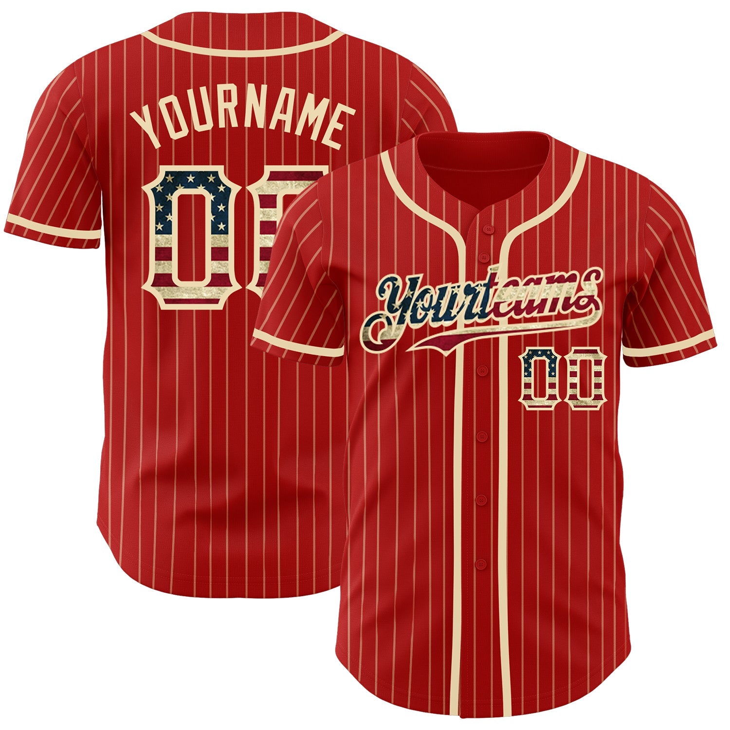 Custom Red Cream Pinstripe Vintage USA Flag Authentic Baseball Jersey - Sky-Custom