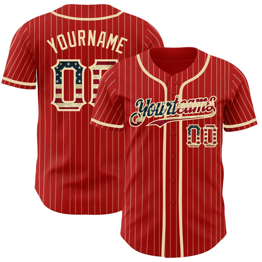 Custom Red Cream Pinstripe Vintage USA Flag Authentic Baseball Jersey - Sky-Custom