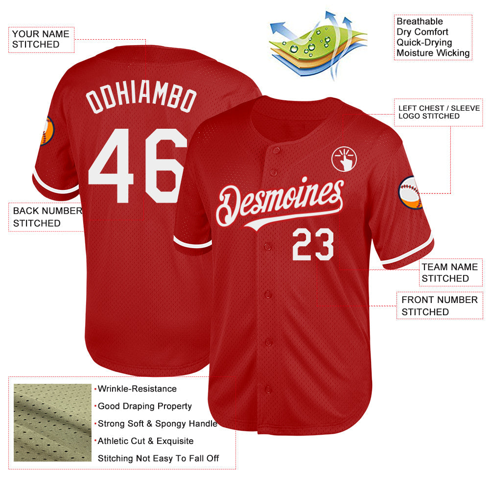 Custom Red White Mesh Authentic Throwback Baseball Jersey - Sky-Custom