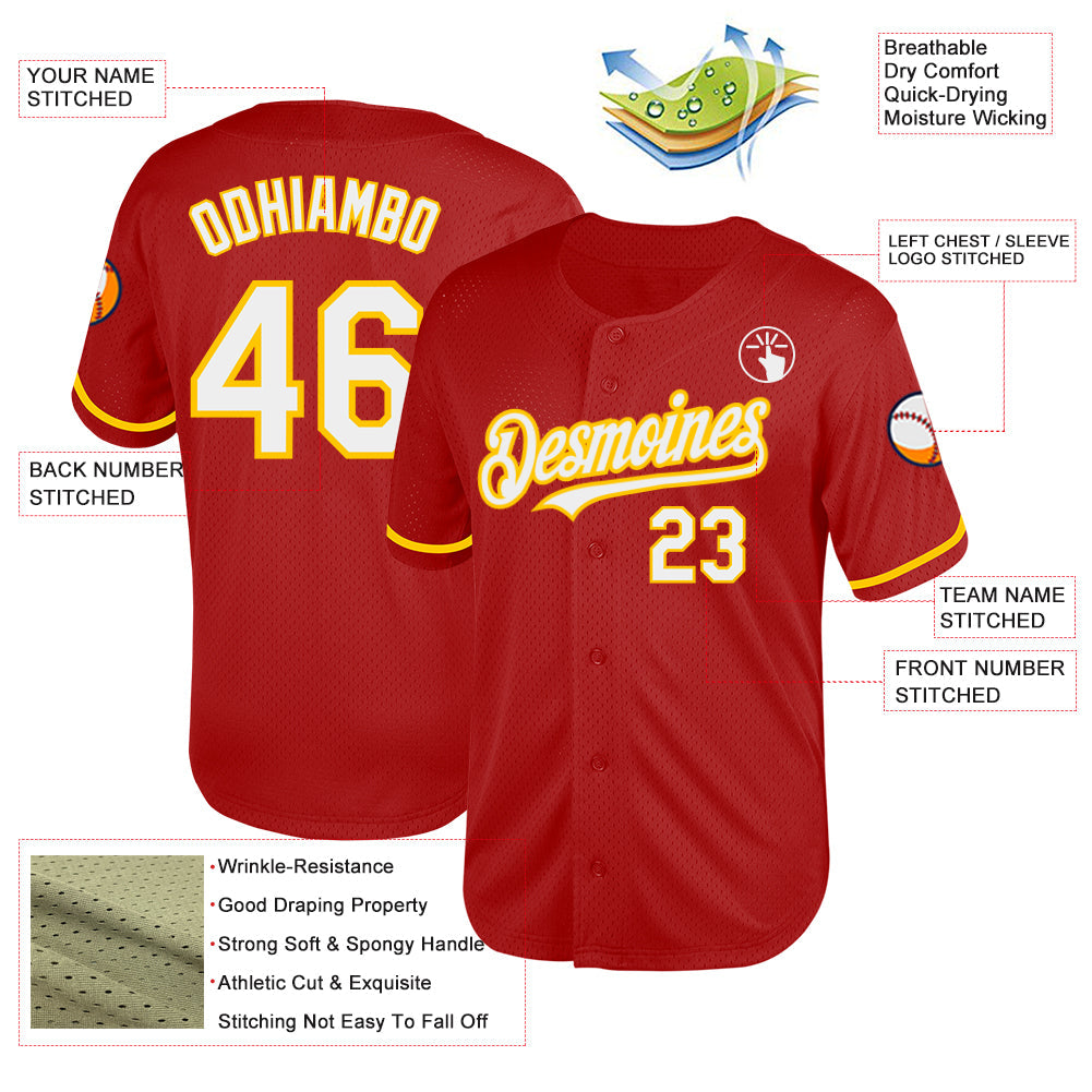 Custom Red White-Yellow Mesh Authentic Throwback Baseball Jersey - Sky-Custom