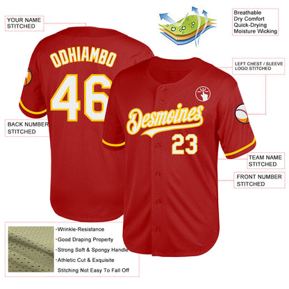 Custom Red White-Yellow Mesh Authentic Throwback Baseball Jersey - Sky-Custom