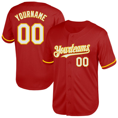 Custom Red White-Yellow Mesh Authentic Throwback Baseball Jersey - Sky-Custom