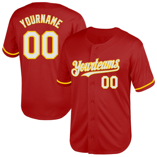 Custom Red White-Yellow Mesh Authentic Throwback Baseball Jersey - Sky-Custom