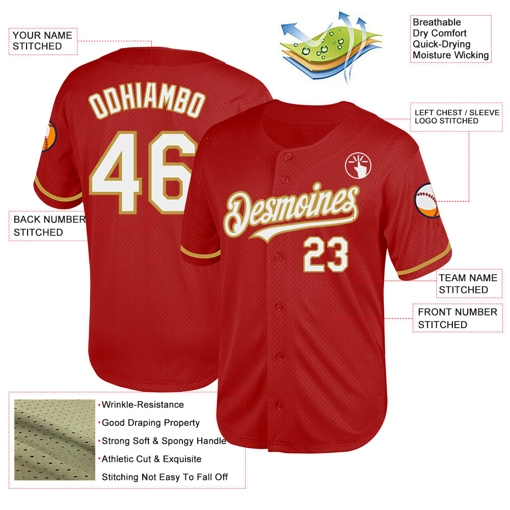 Custom Red White-Old Gold Mesh Authentic Throwback Baseball Jersey - Sky-Custom
