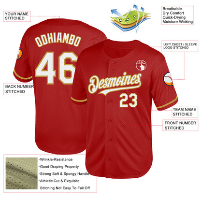 Custom Red White-Old Gold Mesh Authentic Throwback Baseball Jersey - Sky-Custom