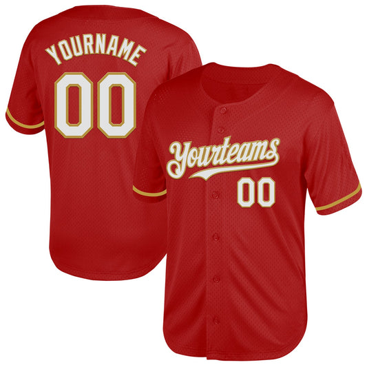 Custom Red White-Old Gold Mesh Authentic Throwback Baseball Jersey - Sky-Custom