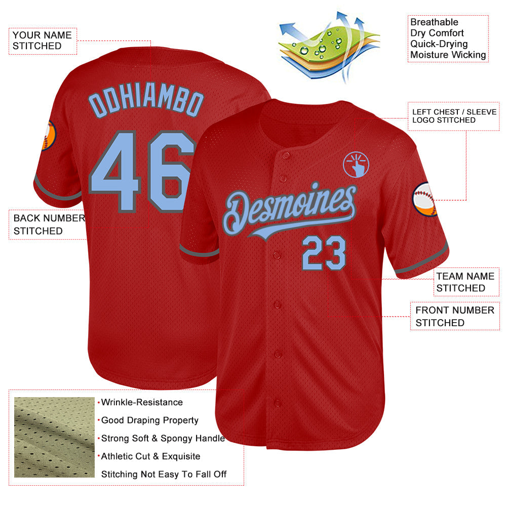 Custom Red Light Blue-Steel Gray Mesh Authentic Throwback Baseball Jersey - Sky-Custom