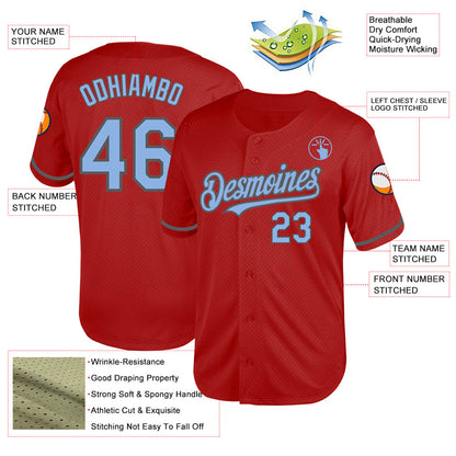 Custom Red Light Blue-Steel Gray Mesh Authentic Throwback Baseball Jersey - Sky-Custom