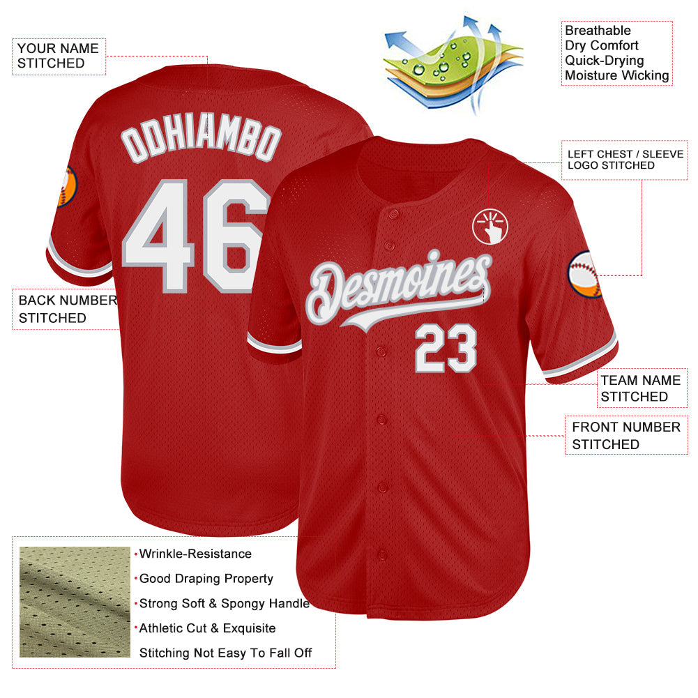 Custom Red White-Gray Mesh Authentic Throwback Baseball Jersey - Sky-Custom