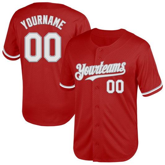 Custom Red White-Gray Mesh Authentic Throwback Baseball Jersey - Sky-Custom