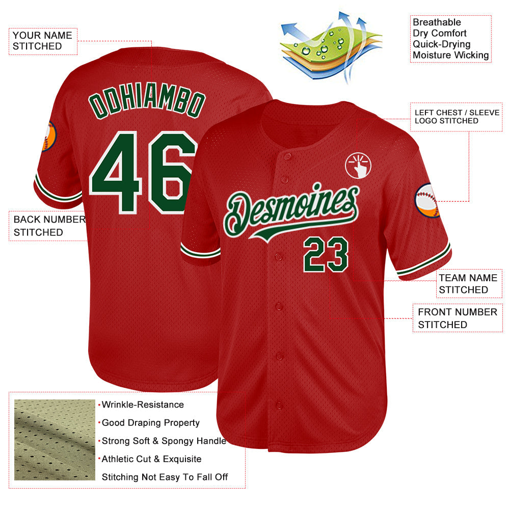 Custom Red Green-White Mesh Authentic Throwback Baseball Jersey - Sky-Custom