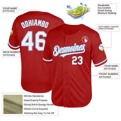 Custom Red White-Light Blue Mesh Authentic Throwback Baseball Jersey - Sky-Custom