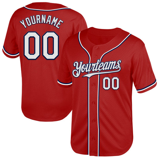 Custom Red White-Navy Mesh Authentic Throwback Baseball Jersey - Sky-Custom