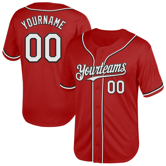 Custom Red White-Black Mesh Authentic Throwback Baseball Jersey - Sky-Custom