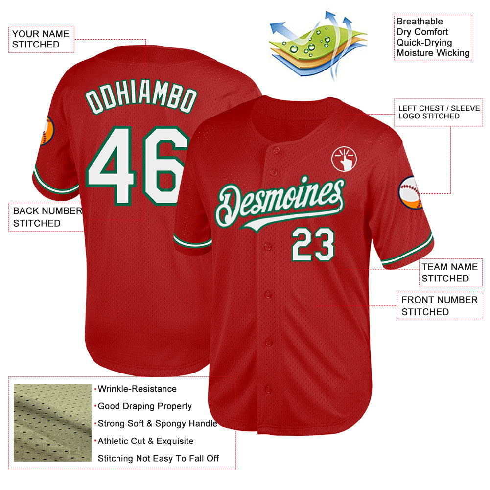 Custom Red White-Kelly Green Mesh Authentic Throwback Baseball Jersey - Sky-Custom