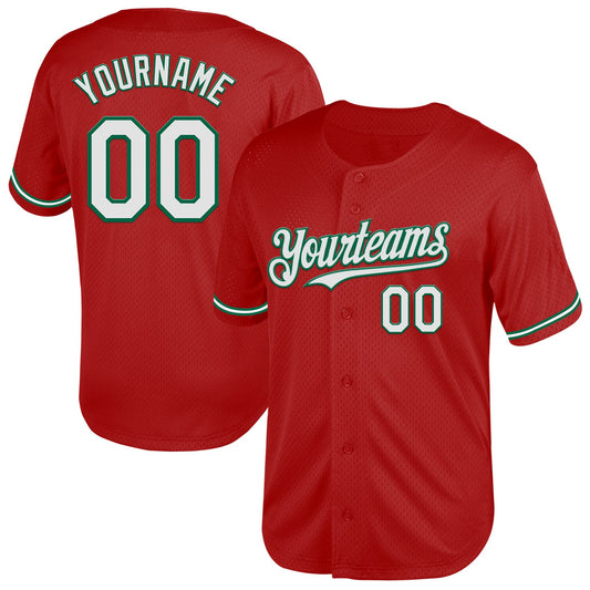 Custom Red White-Kelly Green Mesh Authentic Throwback Baseball Jersey - Sky-Custom