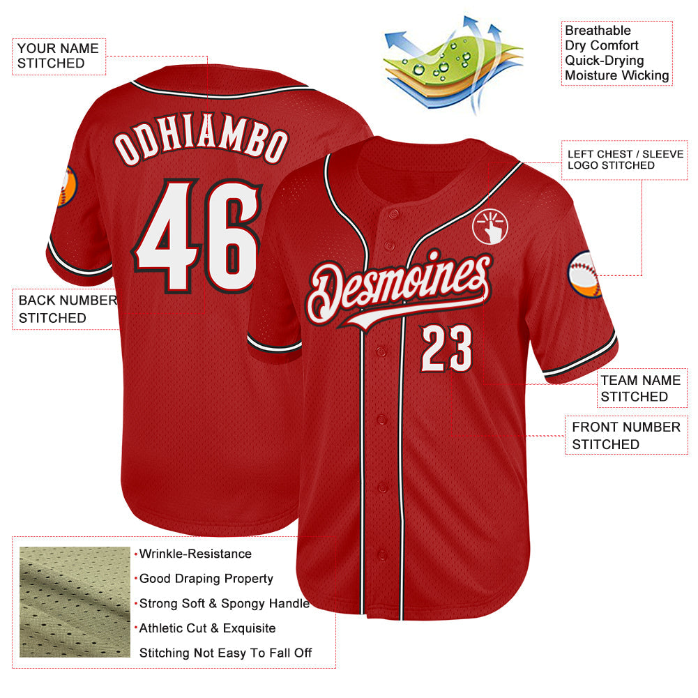 Custom Red White-Black Mesh Authentic Throwback Baseball Jersey - Sky-Custom
