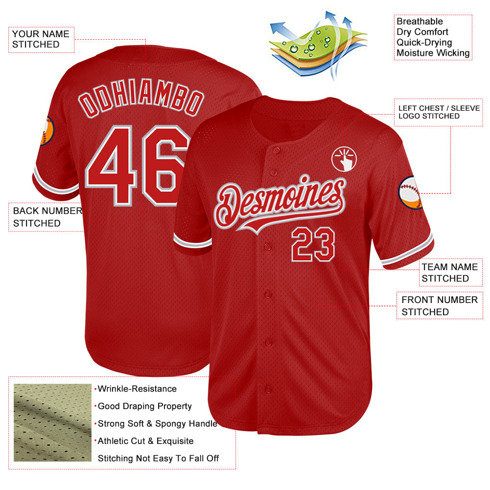 Custom Red White-Gray Mesh Authentic Throwback Baseball Jersey - Sky-Custom