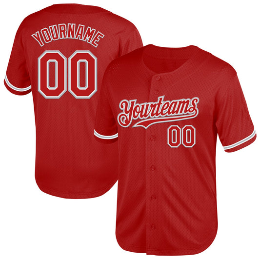 Custom Red White-Gray Mesh Authentic Throwback Baseball Jersey - Sky-Custom