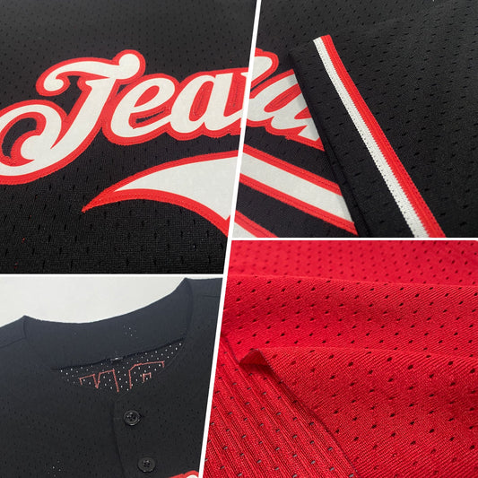 Custom Red Black-Gold Mesh Authentic Throwback Baseball Jersey - Sky-Custom