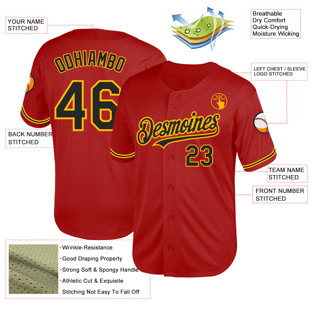 Custom Red Black-Gold Mesh Authentic Throwback Baseball Jersey - Sky-Custom