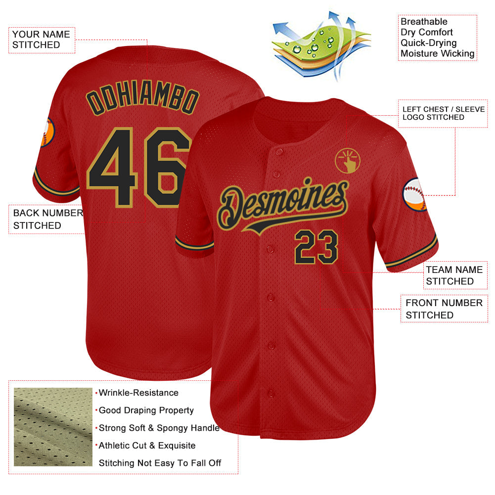 Custom Red Black-Old Gold Mesh Authentic Throwback Baseball Jersey - Sky-Custom