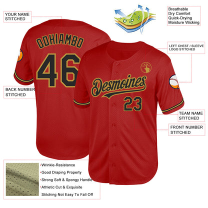 Custom Red Black-Old Gold Mesh Authentic Throwback Baseball Jersey - Sky-Custom