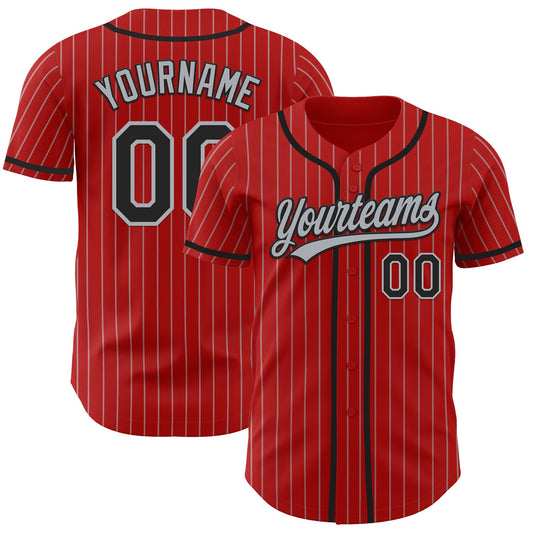 Custom Red Gray Pinstripe Black Authentic Baseball Jersey - Sky-Custom