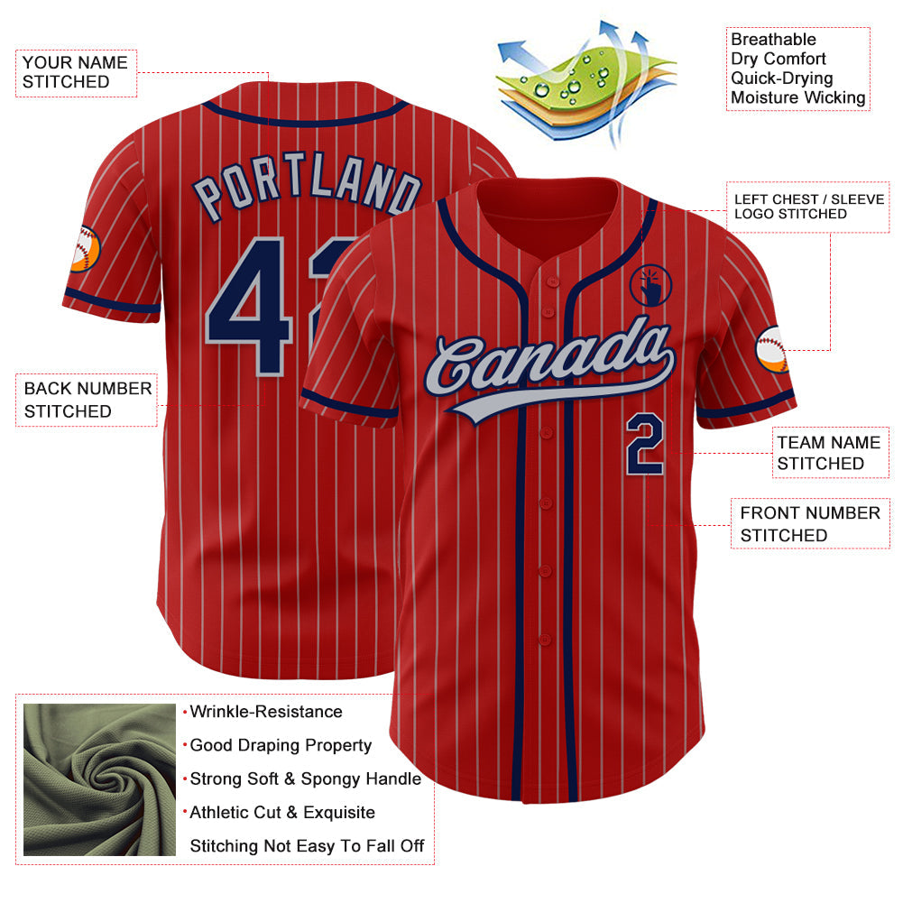 Custom Red Gray Pinstripe Navy Authentic Baseball Jersey - Sky-Custom