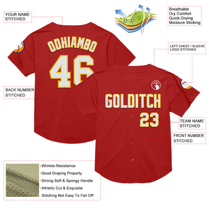 Custom Red White-Yellow Mesh Authentic Throwback Baseball Jersey - Sky-Custom