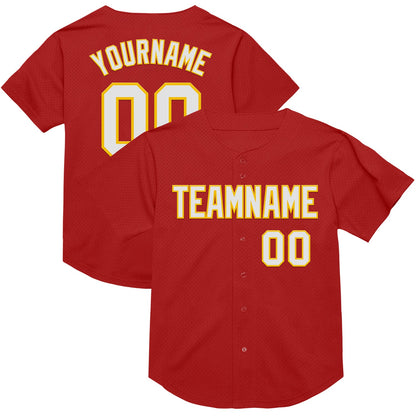 Custom Red White-Yellow Mesh Authentic Throwback Baseball Jersey - Sky-Custom